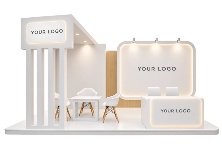 White exhibition booth with an entrance tower, lounge seating, a back wall and a reception counter